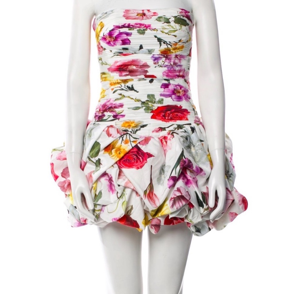 Aje Violette White Strapless Floral Mini Dress with Pink, Red & Yellow Blooms